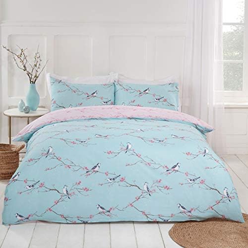 Dreamscene Floral Bird Printed Quilt Reversible Duvet 2 in 1 Eye Catching Bedding Linen Set, Grey Ochre & Mustard Yellow Bird Print, Double