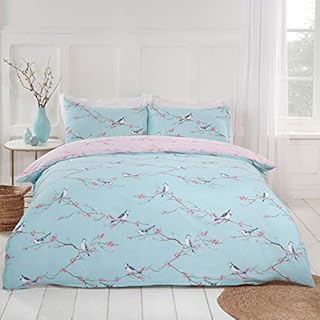 Dreamscene Floral Bird Printed Quilt Reversible Duvet 2 in 1 Eye Catching Bedding Linen Set, Grey Ochre & Mustard Yellow Bird Print, Double
