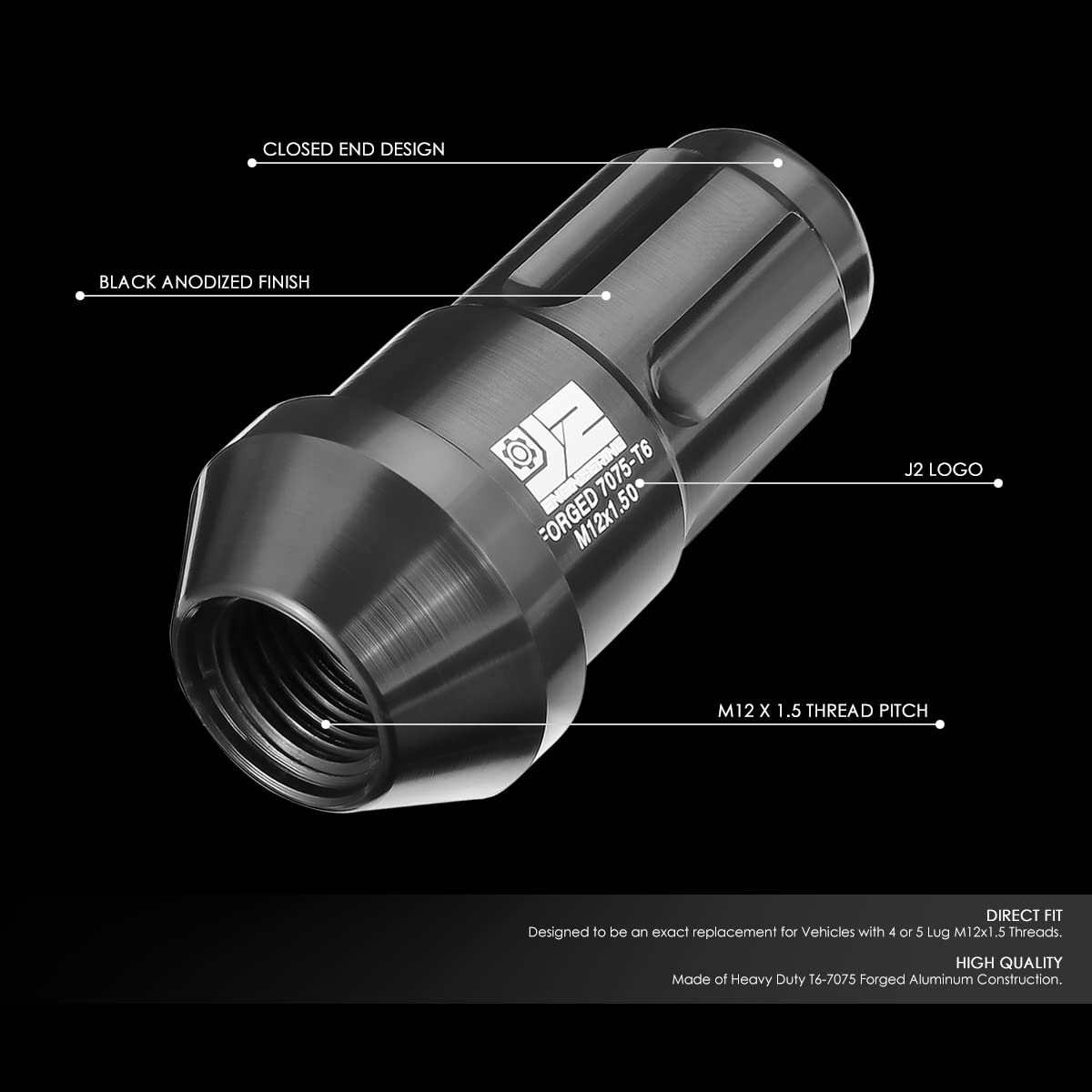 J2 Engineering J2-LN-T7-035-15-BK M12 x 1,5 T6-7075 Dadi a estremità chiusa in alluminio da 50 mm con adattatore di estensione Deep Drive, nero
