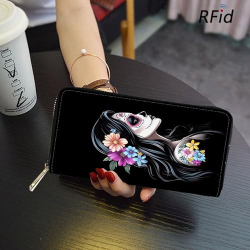 Image of RFID Blocking Leather Wallet for Women - Large Capacity Zip Around Clutch with 8 Card Slots,25 Cash Pockets & Coin Zipper,Sugar Skull Flower