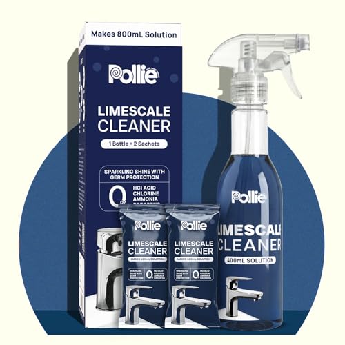 Image of Pollie Limescale Cleaner 800mL | 1 Spray Bottle + 2 Refill Sachets | Removes Limescale, Salt Deposits on Faucets, Shower, Copper, Brass, Bathroom Tiles | 0% HCl Acid, Chlorine, Ammonia formulation