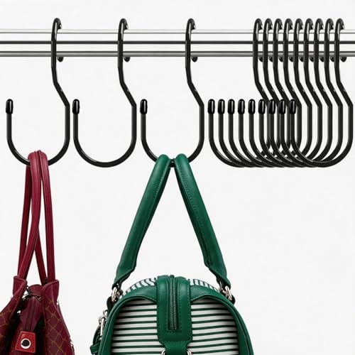 Purse Hanger for Closet Unique Twist Design Bag Hanger Purse Hooks 5 inch Large Size Closet Rod Hooks for Hanging Bags Purses Handbags Belts Scarves Hats Clothes Pans and Pots (12 Pack Black)