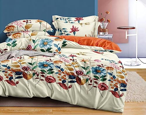Image of Polycotton Double Bed Bedsheet, Flat Sheet with 2 Pillow Covers, Queen (90x100 inch), 300 TC, Multi & Cream, Set of 3
