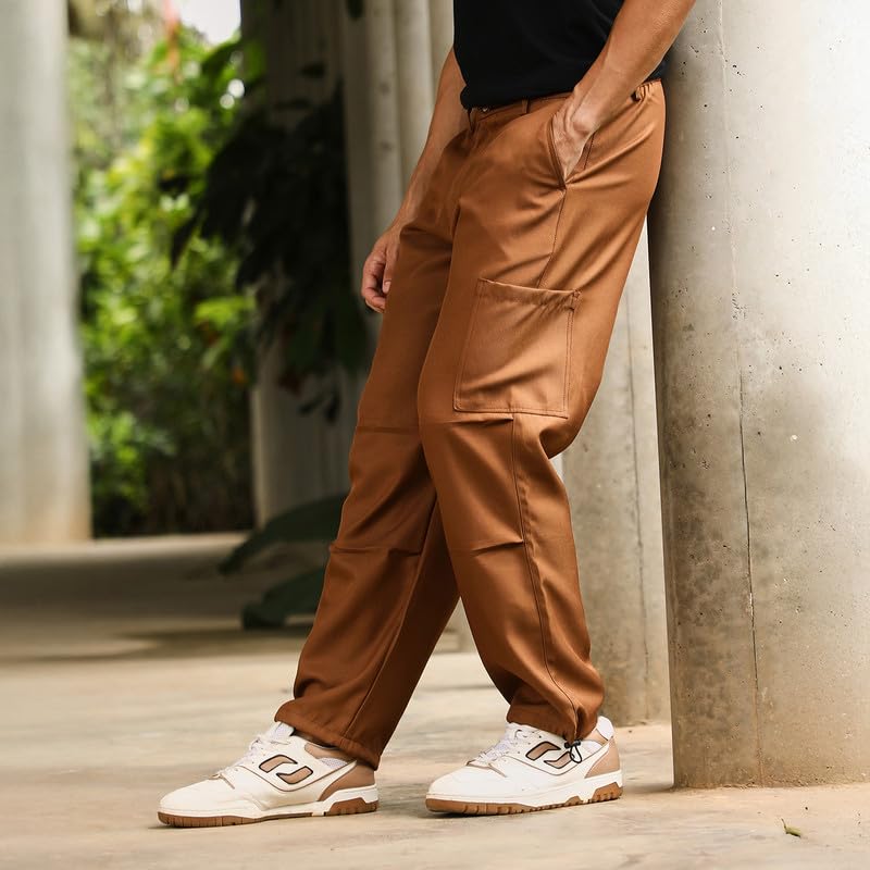 Image of CAHOOT Men Trousers | Mid-Rise, Side-Elasticaed Stretch | Button, Straight Hem | Solid Twill | Woven Fabric for Casual & Street Wear | Russet Brown