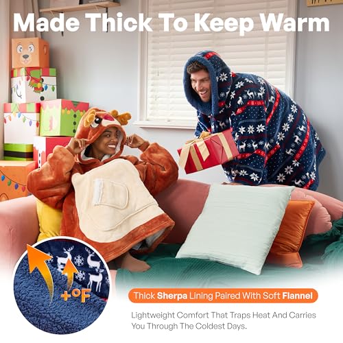 Image of Giggling Getup Wearable Blanket Hoodie for Adults Gifts for Teen Girls Sister Women Sherpa Fleece Printed Hooded Blanket Sweatshirt Warm Cozy with Pocket & Sleeves Blue Christmas Nordic