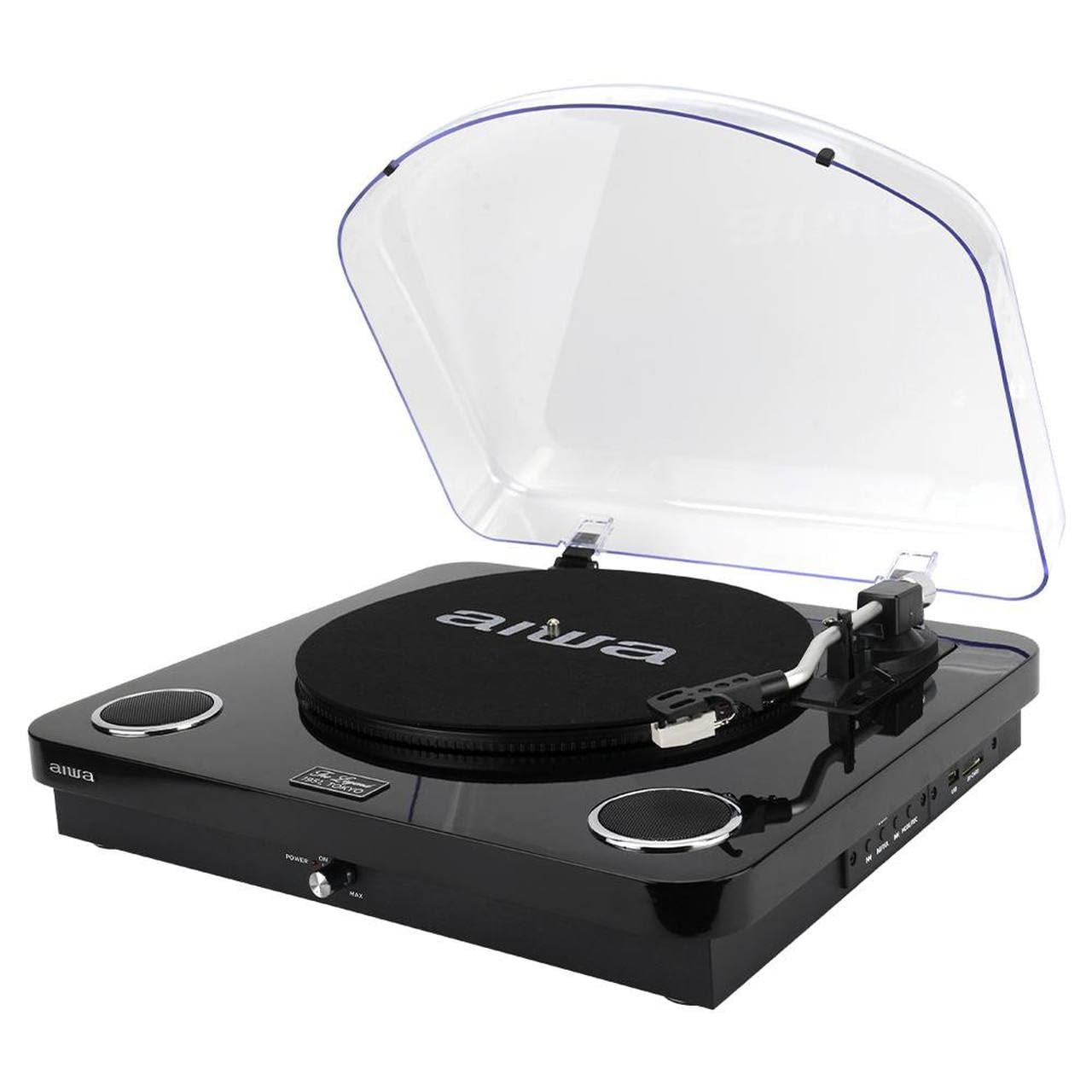 AIWA – Tocadiscos LPS-25BK | 3 velocidades 33/45/78 RPM; Bluetooth 5.4; Altavoces Integrados 2×5W; USB/Audio RCA; Radio FM, Color Negro | Reproduce discos de vinilo a 33, 45 y 78 RPM, Bluetooth, radio FM a MP3 mediante USB. Bocinas estéreo integradas