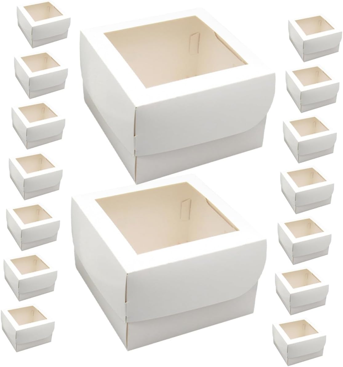 25pcs 4-inch White Bakery Cake Boxes with Window, Food-grade 350gsm Cardboard with Paper Trays, Square Dessert Takeaway Packaging for Pastries, Muffins, and Sweets