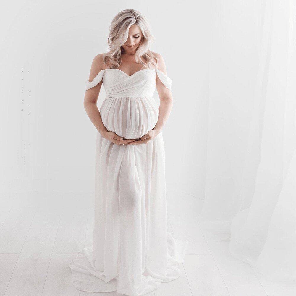 Abito in Chiffon Fuori Spalla Abiti Maxi Gravidanza Davanti Abiti di maternità per Fotografia per Il Servizio Fotografico