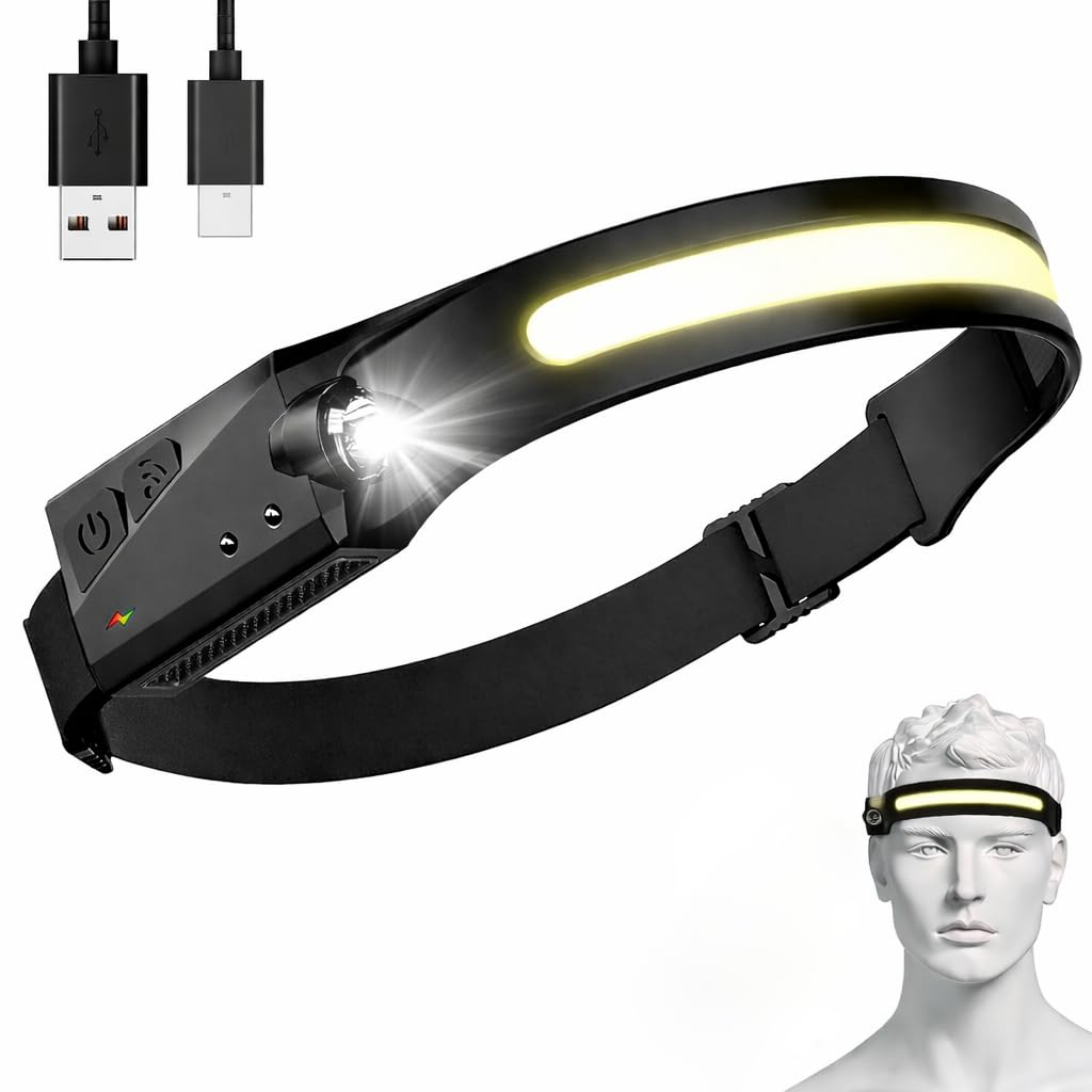 RAXXO Rechargeable LED Head Torch with Motion Sensor, USB-C Headlamp, 230° Wide Beam COB + Spot Light, Hands-Free Head Light for Work & Outdoor Use