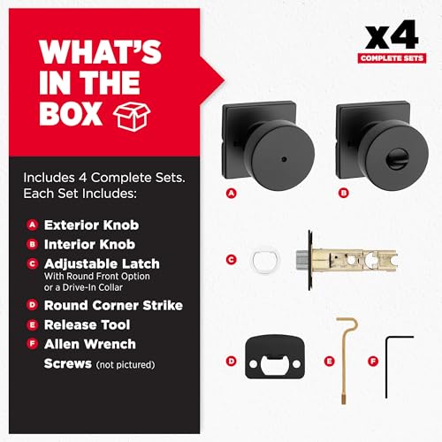Image of Kwikset Pismo Interior Square Privacy Door Knob with Lock, Door Handle for Bathroom and Bedroom, Matte Black Keyless Push Button Lock Doorknob