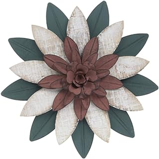 Mission Gallery Beautiful 9" Green White and Burgundy Layered Metal and Wood Flower Wall Decor Distressed Antique Look