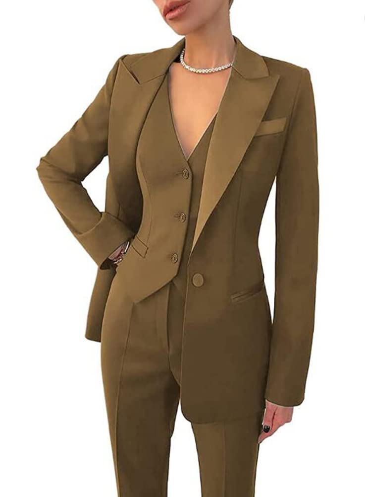 Leader of the Beauty Women's 3 Piece Office Work Blazer Vest Pants Business Pants Suit Set Prom Party Suit Brown