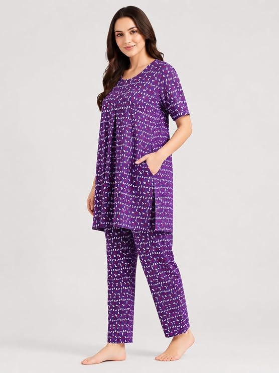 Image of KIAWAH Women Printed Night Suit Set, Cotton Blend Night Suit, A-Line Top and Pajama Set, Soft and Breathable Night Wear