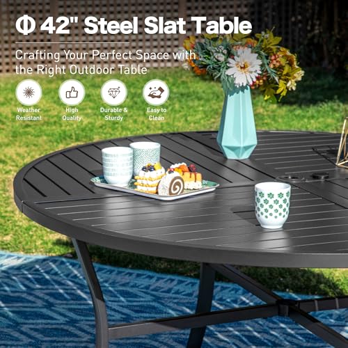 Image of 5 Pieces Patio Dining Set, 4 x Woven Rattan Chairs with Waterproof Cushion, 42 inch Metal Round Dining Table with Umbrella Hole, Outdoor Table and Chairs Set for Backyard Lawn and Deck, Beige