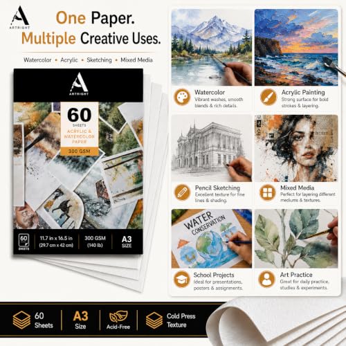 Image of ArtRight Artists' Acrylic Paper (A3 Pack of 60 Sheets, 300 GSM); 300 GSM Handmade Sheets for Gouache & Acrylic Media Papers