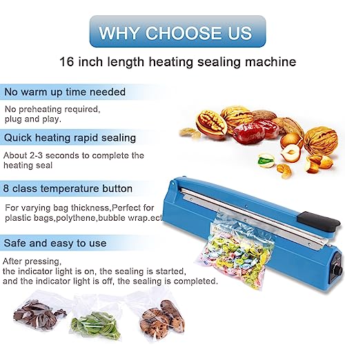 Image of 16 Inch Impulse Heat Sealer Machine for Plastic Bags PE PP Bags and Kraft Paper Bag, Cookie Bag Sealer, Manual Poly Bag Hot Seal Sealing Machine with Extra Replace Element Grip