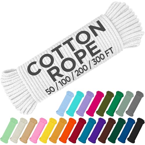 TECEUM Cotton Rope 3/16 (5 mm) 200 FT Strong All-Purpose Braided Rope Natural Cotton for Crafting amping Clothes Line DIY Indoor & Outdoor Use White