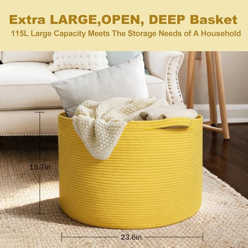 Image of MEGASKET Extra Large 115L Yellow Basket, 23.6 inch x15.7 Cotton Rope Yellow Decor for Living Room Bedroom, Woven Basket for Blanket, Laundry, Towel, Shoe, Kids Toy Box Organizer, Room Decor Storage Bin