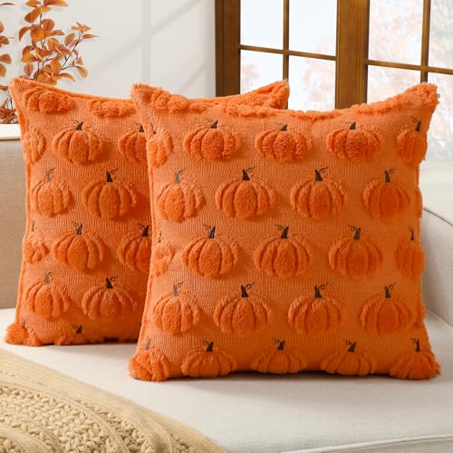 Image of Softalker Fall Decorative Throw Pillow Covers 18 x 18 Inch Set of 2, Thanksgiving Autumn Harvest Pumpkin Faux Fur Cushion Covers, 3D Embroidered Pillow Cases For Couch Bedroom Living Room Decor,Orange