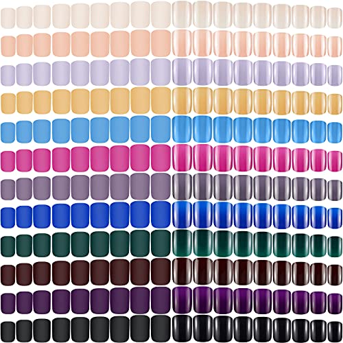 576 Pieces 24 Sets Short Square Press on Nails Full Cover Coffin Press on Nails Matte Fake Fingernail Tips Glossy Colorful Short False Nails for Women Girls Nail Art Salon, 2 Styles (Classic Colors)