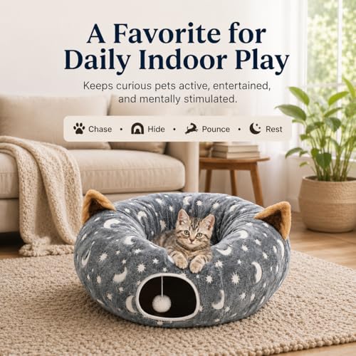 Image of Cat Tunnel Bed Under Christmas Tree with Plush Ball Toy Playground Crinkle Collapsible Self-Luminous Flannel Fabric 3FT for Large Cats Kittens Kitty Small Animals Puppy Grey Moon Star