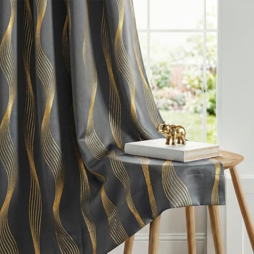 Image of Urban Space 80-85% True Blackout Curtains for Door, Gold Foil Printed Blackout Curtains, Decorative Door Curtain Eyelet with Tieback, 1 Piece Curtain for Living Room(Double Wave Stone Grey, 8 Feet)