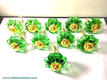 Set of 10 Pcs Antique Vintage Old Green Glass Door Knob with Door Plate Architectural Salvage