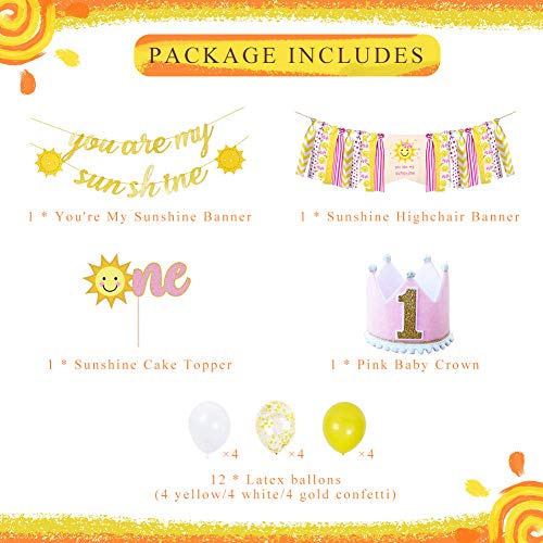 Pratyus You're My Sunshine First Birthday Party Decoration With Yellow Birthday Banner And Garland,Baby Crown Hat And Cake Topper For Baby Girl Boy Photo Booth Props #TOP1