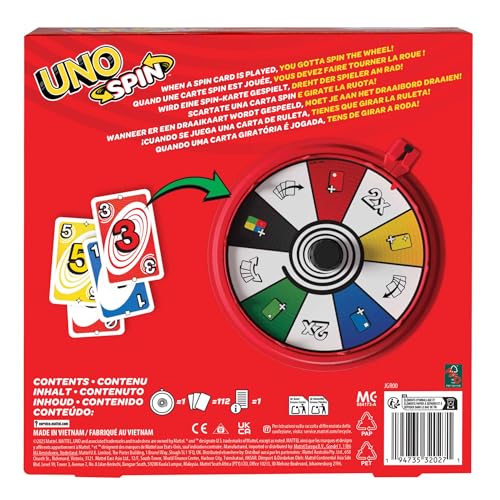Mattel Games UNO Spin Juego de cartas para niños, adultos y noches en familia, juego clásico con ruleta y nuevas reglas y desafíos, actividad para días de lluvia, JGR00 - imagen 7