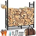 Firewood Rack Outdoor Indoor Holder with Log Carrier, Metal Heavy Duty Log Stand Stacker Holder with Kindling Hooks, Adjustable Stand Organizer Fire Wood Carrier Pads for Firewood Storage Fireplace