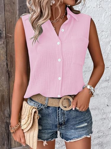 Image of GLASGO Women's 100% Cotton Sleeveless Button Down Shirt | Casual Summer Collared Tank Top | Soft Breathable Fabric Stylish Piece