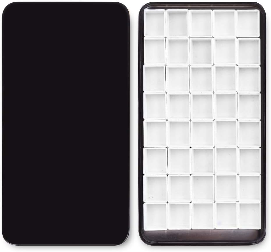 Watercolor Tin Palette Paint Case with 40Pcs White Plastic Empty Half Pans Carrying Magnetic Stripe, Artist Paints Pan Kits for DIY Watercolor Oils or Acrylics Painting Black