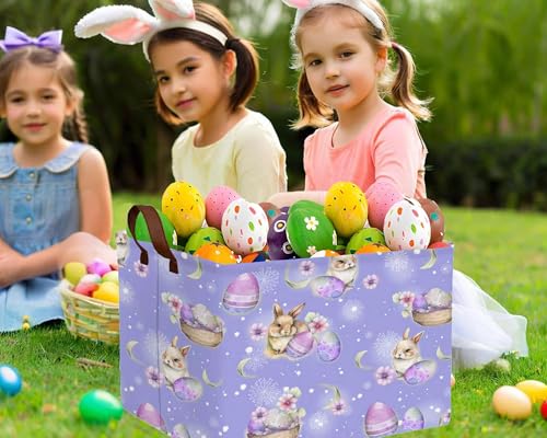 Image of Large Rectangular Easter Baskets Empty Waterproof Boy Toy Box Foldable Kid's Gifts Storage Bin Spring Room Decor(Purple Fireworks Rabbit Egg)