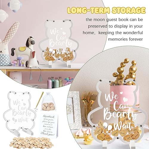 Image of Kosiz Bear Baby Shower Guest Book, We Can Bearly Wait Acrylic Guest Book Alternative with Wooden Hearts for 60 Guests, Baby Shower Sign and Nursery Keepsake for Mom-to-Be