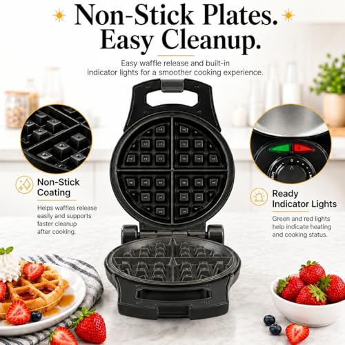 Image of Moss & Stone Belgian Waffle Maker - Rotating Flip Design, 8-Inch Electric Waffle Iron, Non-Stick Grids for Easy Release & Clean, Adjustable Temperature, Compact Upright Storage, Black