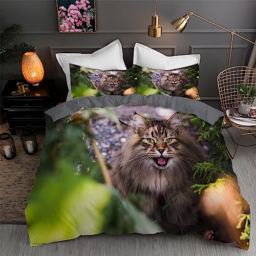 Funda Nordica Cama 105 Verde Juego de Ropa de Cama de Suave Microfibra Gato Maine Coon Funda Edredon 200x200 cm con Cremallera y 2 Funda de Almohada 50x75 Cm, Home Decoracion