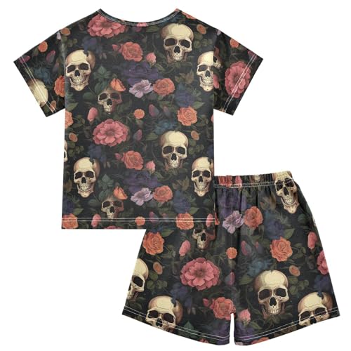 ALAZA Skull Red Blue Flowers Pajama Set Short Sleeve Sleepwear Soft Lounge Nightwear2