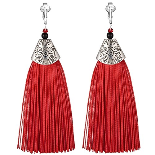 Aloha Earrings-Clip On Tassel Earrings-Dangle Clip On Earrings Silk Tassel Long Clip On Earrings Bohemian (Red Tassels)