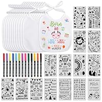 BOOMTOP 12 Baby Lätzchen zum Bemalen Babylätzchen Baumwolle mit 15x Malen Schablonen 12x Textilstifte Babyparty Deko Spiele Wasserdicht Lätzchen für Babys Junge Mädchen Babyshower Tiere Malvorlagen