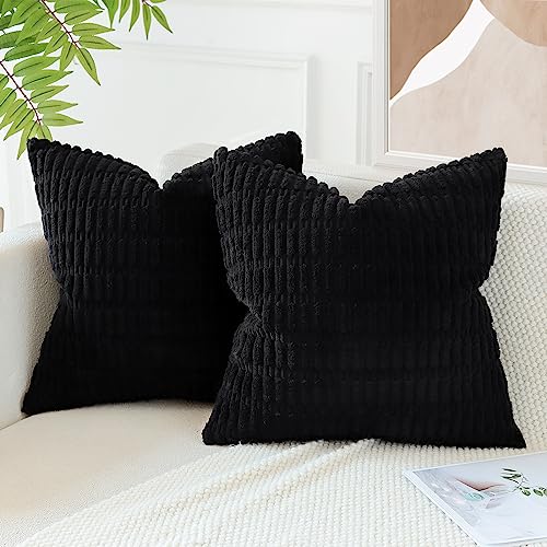 JOTOM Pack of 2 Corduroy Soft Striped Cushion Covers 40x40 cm 16x16 Inch Boho Decorative Throw Pillow Covers Square Cushion Case Home Decor Pillow Cases for Couch Sofa Living Room Bed (Black) - Image 3