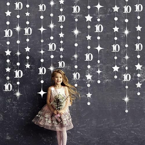 Image of Silver 10th Birthday Decorations Number 10 Circle Dot Twinkle Star Garland Metallic Hanging Streamer Banner Backdrop for Girls Boys Double Digits Ten Year Old Birthday 10th Anniversary Party Supplies