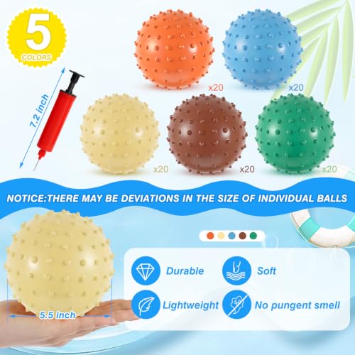 Junkin 100 Pack Knobby Balls Bulk 5.5" Soft Bouncy Ball Bulk for Toddlers Sensory Toy with Air Pump Plastic Inflatable Spiky Massage Stress Fidget Toy for Playground School Party Play (Bohemian Color) - Image 2