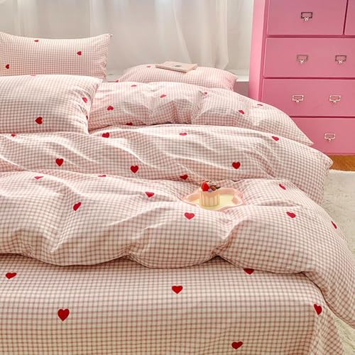Image of Nayoroom Gingham Duvet Cover King Size Pink Plaid Red Heart Printed on White Bedding Set 3 Pcs Kids Girls Cute Heart-Shaped Comforter Cover with Zipper Closure Soft Breathable Microfiber