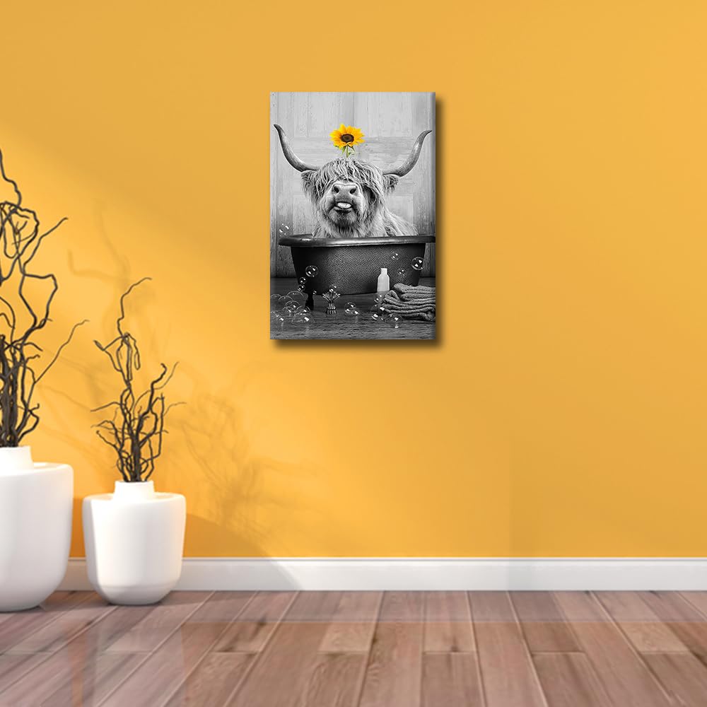 Yak Decor Bathroom Wall Art Canvas Framed Highland Cattle Sunflower Poster Funny Bathtub Decor Farmhouse Decor Home Bar Toilet Cafe Wall Decor Ready to Hang - Image 3