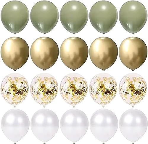 Yukiyi 20Pcs 12 Inches Sage Green, Gold and White Balloons - 5 Metallic Gold, 5 Sage Green, 5 White, 5 Gold Confetti