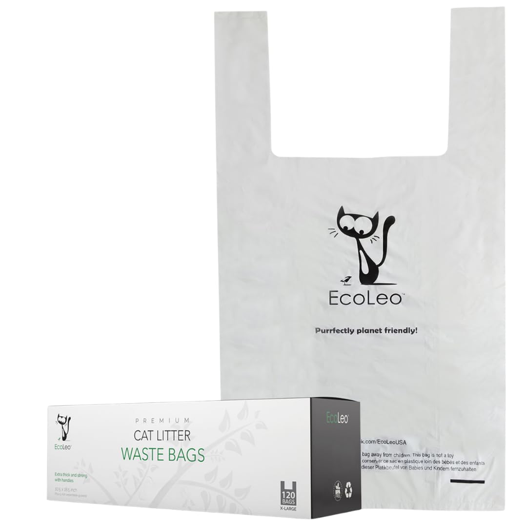 EcoLeo Bolsas de basura para gatos – XL, certificadas, compostables, biodegradables, gruesas, a prueba de fugas, bolsas para excrementos de mascotas y perros con asas fáciles de atar, 26,7 x 47 cm