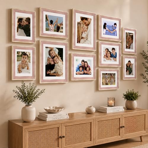 Image of Art Street Pink Gallery Wall Photo Frame Set for Living Room | Modern Family Memory Timeline Wall Decor with Multi Size Collage Frames for Home & Bedroom Decoration