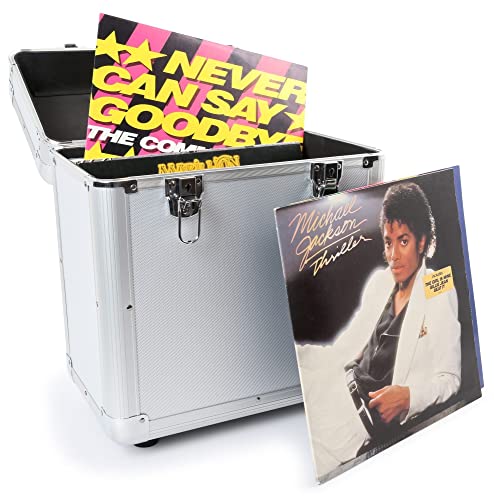Power Dynamics RC100 Maleta para Discos de Vinilo. Maletin Caja vinilos Aluminio. Almacenaje Transporte LPs de 12', Caja Discos Vinilo. Maleta Acolchada, (Tapa extraíble, Cierres Mariposa) - Negro