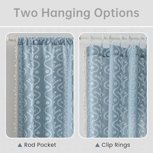 Image of Boho Curtains 84 Inch Long for Living Room, Bedroom, 2 Panels Floral Farmhouse Vintage Tassel Semi Sheer Light Filtering Privacy Window Curtain Drapes with Rod Pocket,Dusty Blue