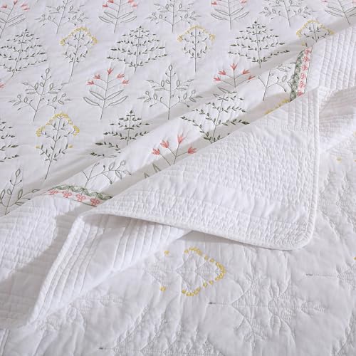 MarCielo 3-Piece 100% Cotton Oversized Bedspread Lightweight Quilt Coverlet Embroidery Farmhouse Bedding Set(TL Floral White,Oversized Queen (100"x106"))